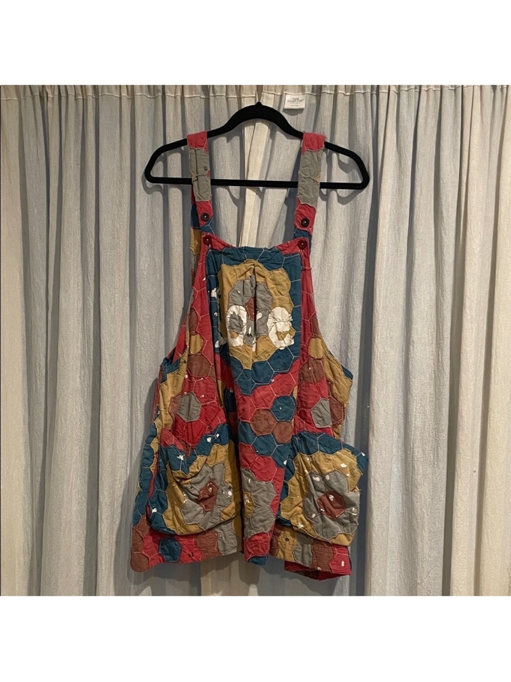 Magnolia Pearl Patchwork Mini Dress Overalls in Red, Blue, Mustard & Gray